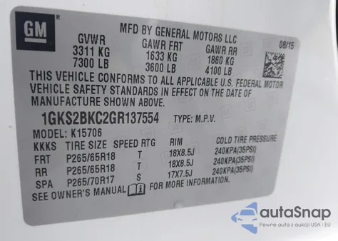 2016 GMC Yukon Slt из США, поврежденный, VIN 1GKS2BKC2GR137554